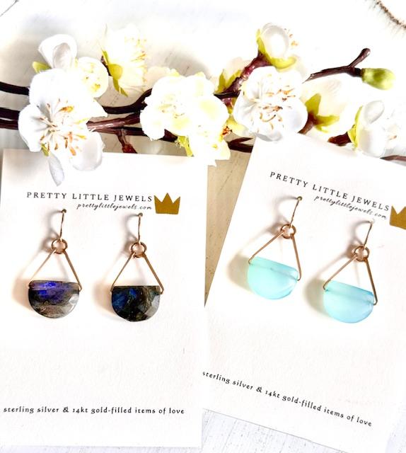 Gold Vermeil Earrings with Half Moon Semi Precious Aqua Chalcedony Gemstones