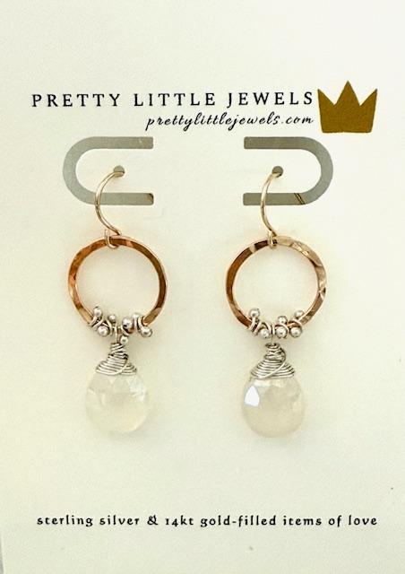 Hand Forged 14K Gold Fill & Sterling Silver Hoops w/ Semi-Precious Moonstone Drop