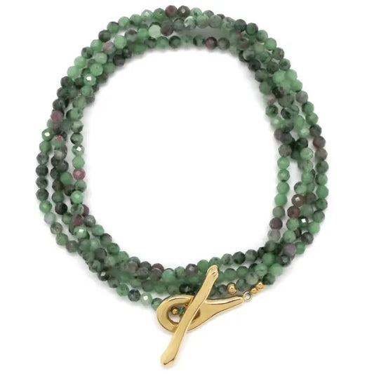 Faceted Semi-Precious Ruby Zoisite Necklace or Wrap Bracelet w/ GF Toggle Closure