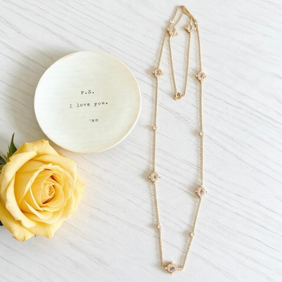 Gold Vermeil Vintage Inspired 36" Long Necklace with Bezel Set Oval CZ Stations