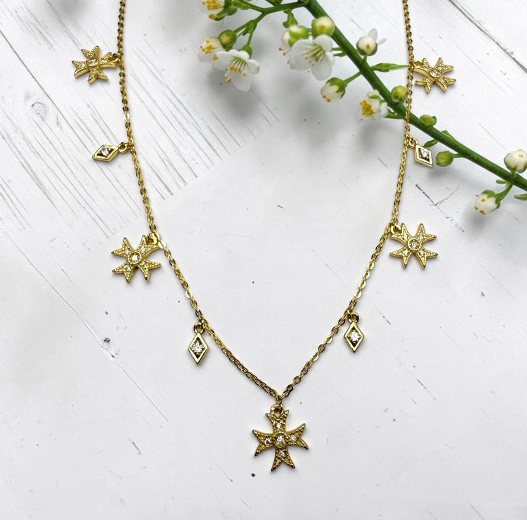 Gold Vermeil Vintage Inspired CZ Pave Ethereal Cross Charm Station Necklace