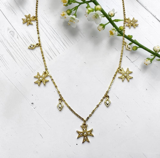 Gold Vermeil Vintage Inspired CZ Pave Ethereal Cross Charm Station Necklace