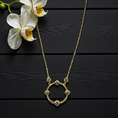 Gold Vermeil Vintage Inspired Circle Pendant Necklace with Bezel Set CZ