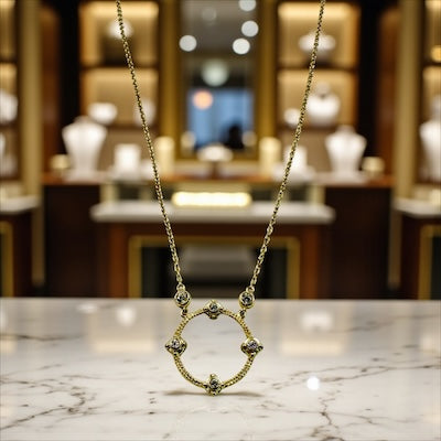 Gold Vermeil Vintage Inspired Circle Pendant Necklace with Bezel Set CZ