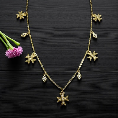 Gold Vermeil Vintage Inspired CZ Pave Ethereal Cross Charm Station Necklace