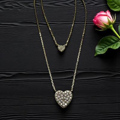 Gold Vermeil Double Heart Pave CZ 2-Tier Necklace
