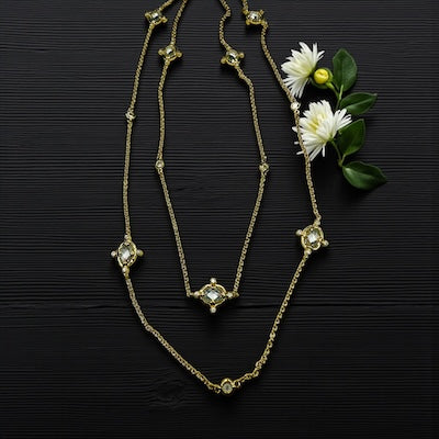 Gold Vermeil Vintage Inspired 36" Long Necklace with Bezel Set Oval CZ Stations