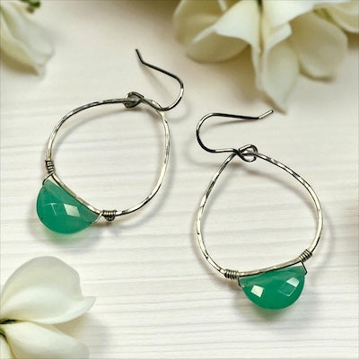 Sterling Silver Hoop Earrings w/ Half Moon Faceted Teal Quartzite Stone