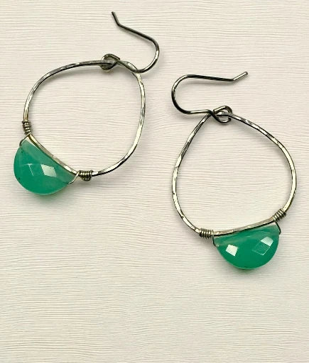 Sterling Silver Hoop Earrings w/ Half Moon Faceted Teal Quartzite Stone
