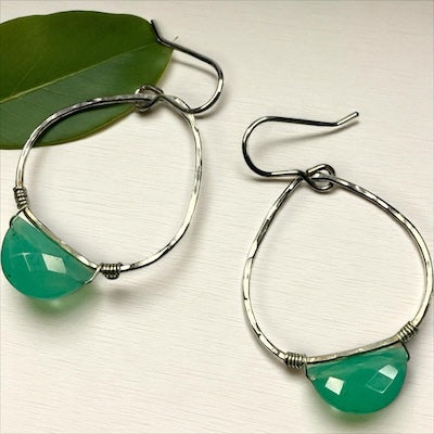 Sterling Silver Hoop Earrings w/ Half Moon Faceted Teal Quartzite Stone