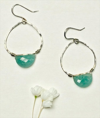 Sterling Silver Hoop Earrings w/ Half Moon Faceted Amazonite Stone