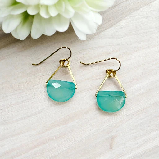 Gold Vermeil Earrings with Half Moon Semi Precious Aqua Chalcedony Gemstones