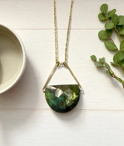 Forged Gold Triangle Bail Necklace with Half-Moon Cut Gemstone - Labradorite