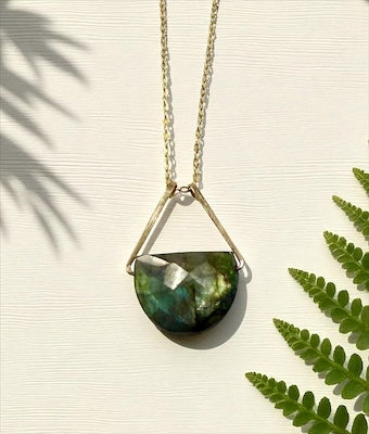 Forged Gold Triangle Bail Necklace with Half-Moon Cut Gemstone - Labradorite