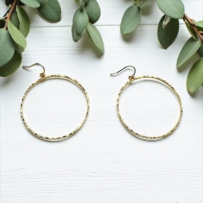 Gold Vermeil delicate thin large 2" dangle hammered hoop earrings