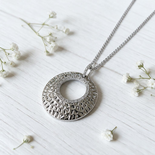 Sterling Silver Hammered Circle with Pave CZ Accents on a Double Chain Necklace