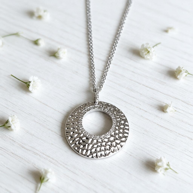 Sterling Silver Hammered Circle with Pave CZ Accents on a Double Chain Necklace