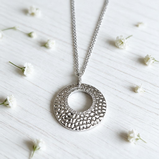 Sterling Silver Hammered Circle with Pave CZ Accents on a Double Chain Necklace