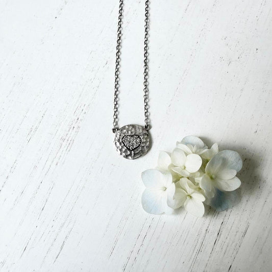 Sterling Silver & CZ Hammered Round Heart Necklace