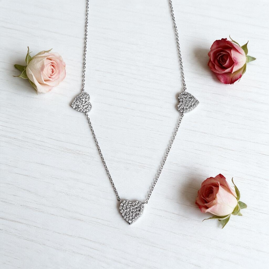 Sterling Silver CZ Pave Heart Trio Necklace