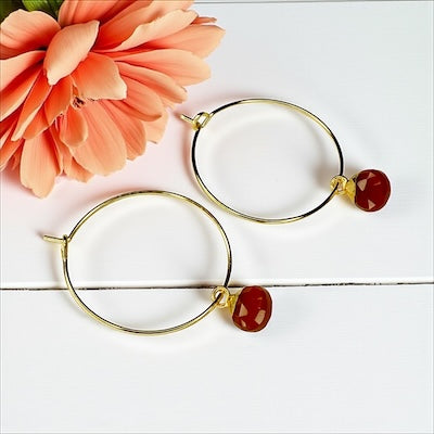 Gold Vermeil Hoop Earrings w/ Semi-Precious Stones - Carnelian