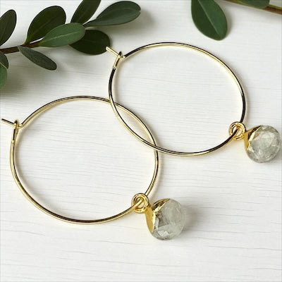Gold Vermeil Hoop Earrings w/ Semi-Precious Stones - Moonstone
