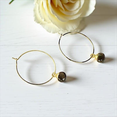 Gold Vermeil Hoop Earrings w/ Semi-Precious Stones - Smoky Topaz