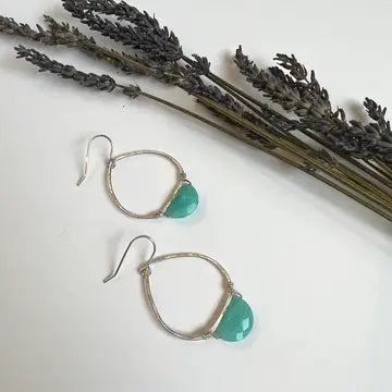 Sterling Silver Hoop Earrings w/ Half Moon Faceted Amazonite Stone