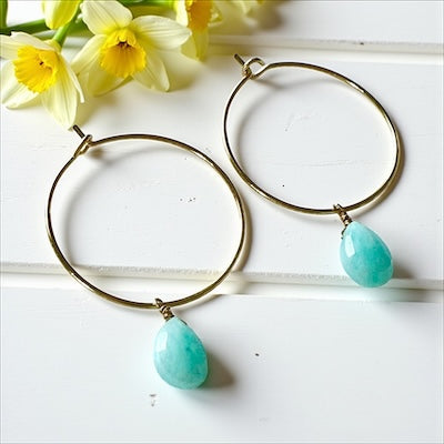 Gold Vermeil Hoop Earrings w/ Semi-Precious Faceted Teardrop - Amazonite