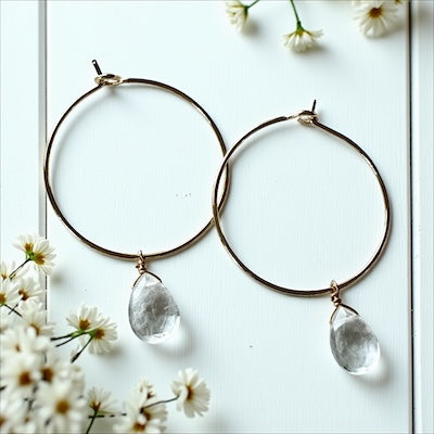 Gold Vermeil Hoop Earrings w/ Semi-Precious Faceted Teardrop - Crystal Quartz