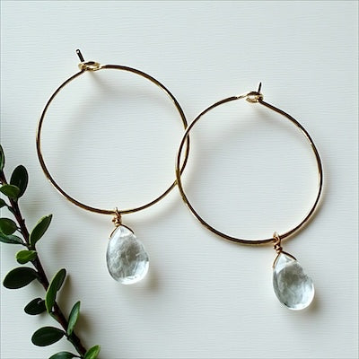 Gold Vermeil Hoop Earrings w/ Semi-Precious Faceted Teardrop - Crystal Quartz