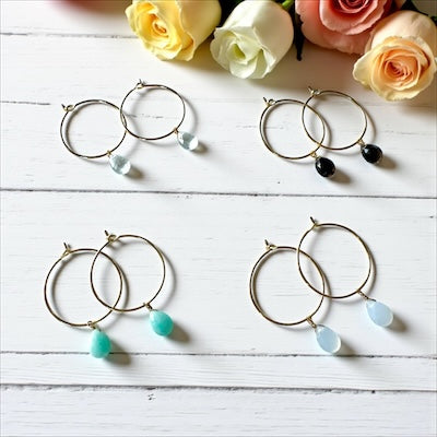 Gold Vermeil Hoop Earrings w/ Semi-Precious Faceted Teardrop - Rainbow Moonstone