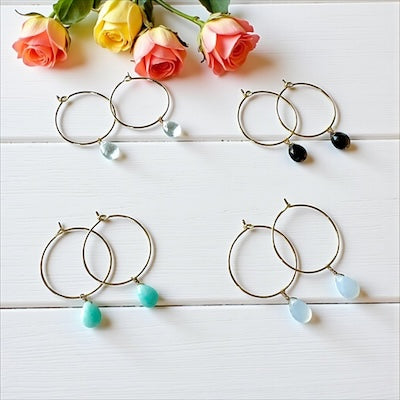 Gold Vermeil Hoop Earrings w/ Semi-Precious Faceted Teardrop - Orange Carnelian