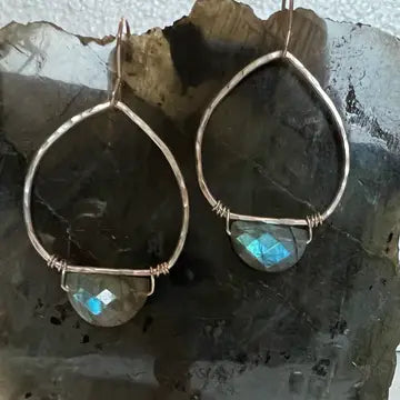 Sterling Silver Hoop Earrings w/ Half Moon Faceted Labradorite