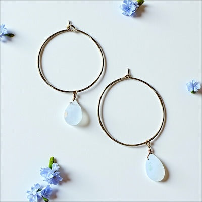 Gold Vermeil Hoop Earrings w/ Semi-Precious Faceted Teardrop - Rainbow Moonstone