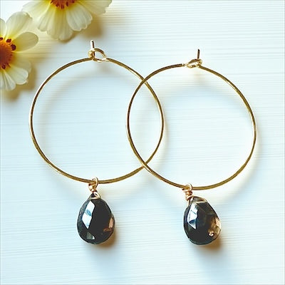 Gold Vermeil Hoop Earrings w/ Semi-Precious Faceted Teardrop - Smoky Topaz