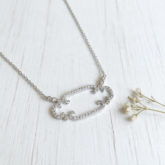Sterling Silver and CZ Pave Horizontal Filagree Necklace