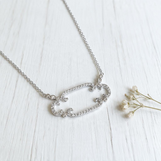 Sterling Silver and CZ Pave Horizontal Filagree Necklace