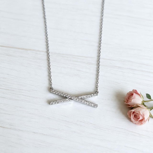 Sterling Silver Horizontal CZ Pave X Necklace
