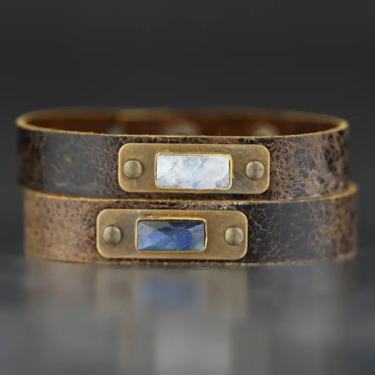 Leather Stacker (Weathered Brown) w/ Semi-Precious Faceted Labradorite