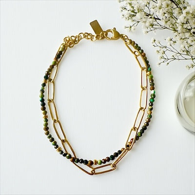 Double Chain Gold-Filled Paperclip Link Bracelet w/ Semi-Precious African Turquoise