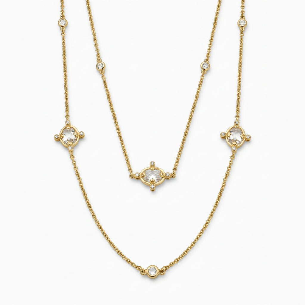 Gold Vermeil Vintage Inspired 36" Long Necklace with Bezel Set Oval CZ Stations