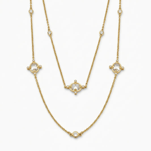Gold Vermeil Vintage Inspired 36" Long Necklace with Bezel Set Oval CZ Stations