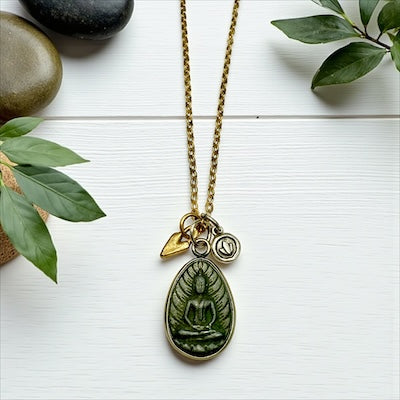 Gold Vermeil 24" Long Link Necklace with Gold Heart, Sterling Lotus, & Buddha Charms