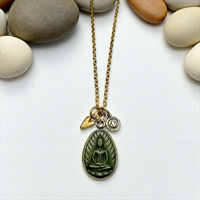 Gold Vermeil 24" Long Link Necklace with Gold Heart, Sterling Lotus, & Buddha Charms