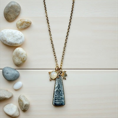 Gold Vermeil 24" Long Link Necklace with Moonstone, Labradorite & Hand-Carved Buddha Charm