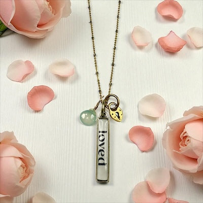 "LOVED" Sterling Silver & 14kt Vermeil Necklace w/ Semi-Precious Chalcedony