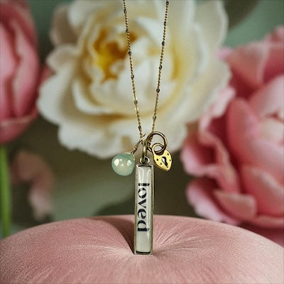 "LOVED" Sterling Silver & 14kt Vermeil Necklace w/ Semi-Precious Chalcedony