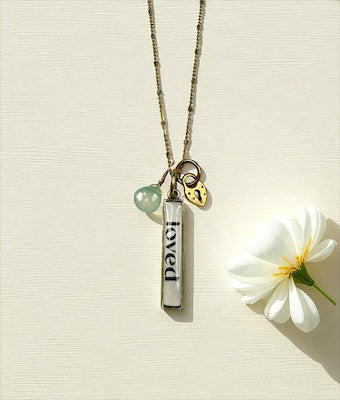 "LOVED" Sterling Silver & 14kt Vermeil Necklace w/ Semi-Precious Chalcedony