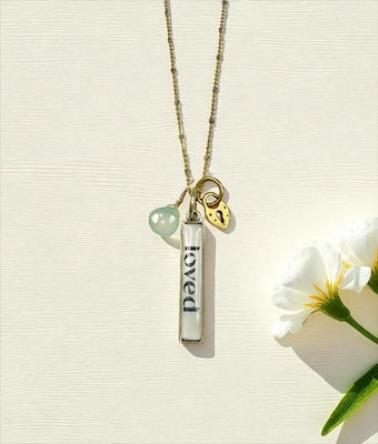 "LOVED" Sterling Silver & 14kt Vermeil Necklace w/ Semi-Precious Chalcedony
